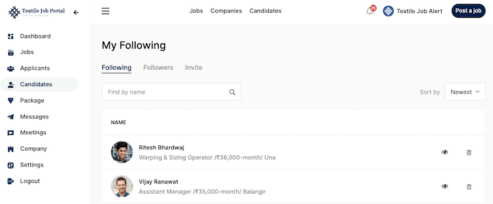 Candidate Section: Invite, Following, And Followers 2 employer help candidate setting main dashboard