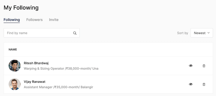 Candidate Section: Invite, Following, And Followers 3 employer help candidate setting my following
