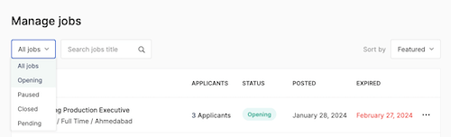 employer help manage jobs dropdown filter