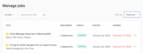 employer help manage jobs sort by filter