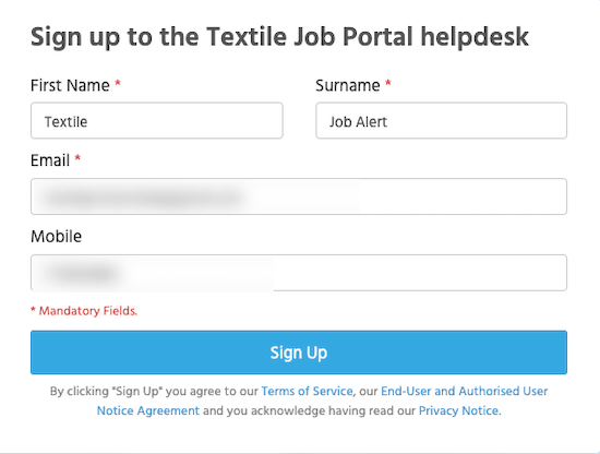 How to create a support account on the Textile Job Portal 3 support centre create account fill form