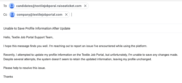support centre create email ticket for candidates
