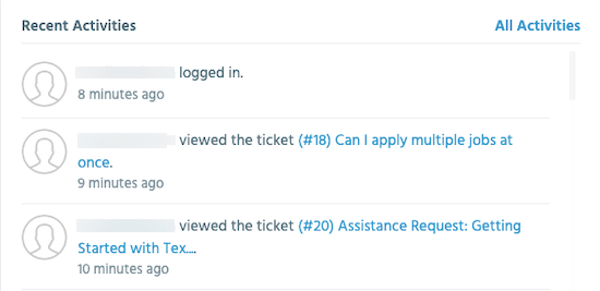 support centre dashboard overview recent activities