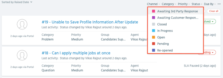 support centre filter ticket by status