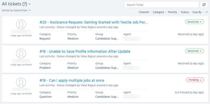 support centre filter tickets all ticket list