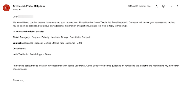 support centre getting started ticket confirmation email