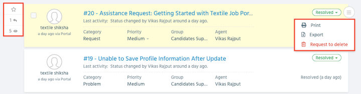 support centre manage tickets bookmarked tickets