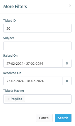 suppot centre filter tickets by tracking id