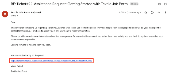 support centre reply to ticket email confirmation link